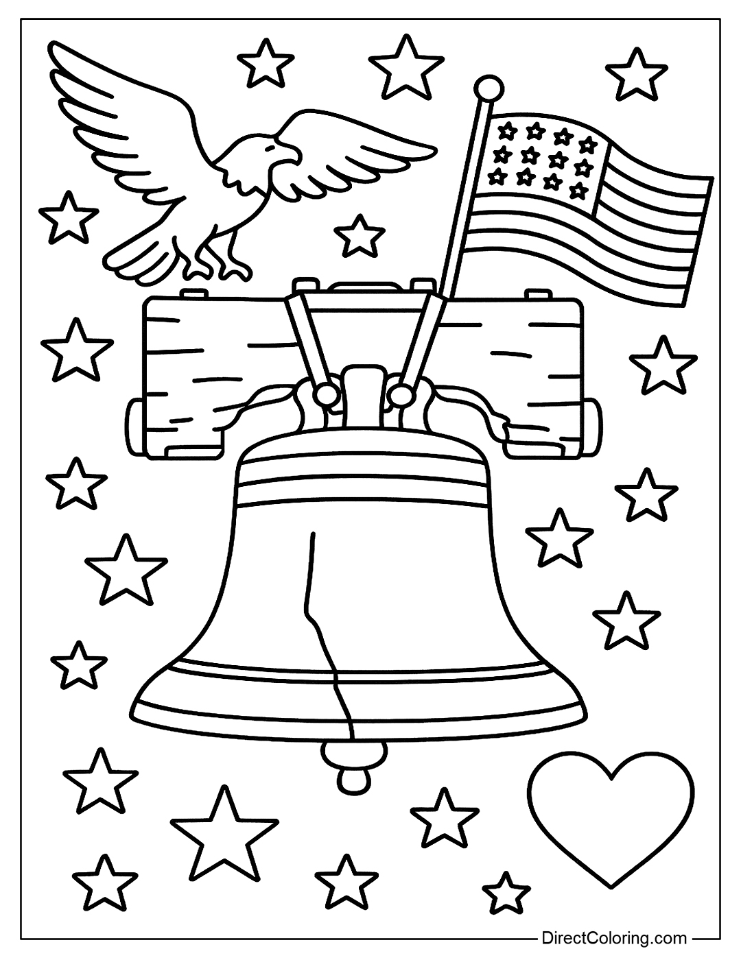 Liberty Bell coloring page with American symbols like stars, eagles, and flags